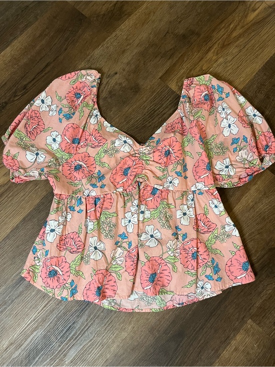 Versona Tops - Versona Coral Floral Puff-Sleeve Babydoll Blouse Y2K Inspired